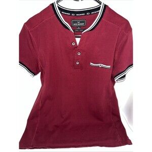 Nick Danger Henley shirt Red Color White And Black Strip Around Collar Medium